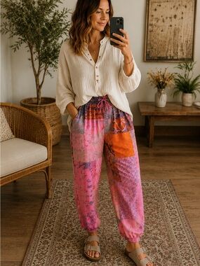 Free Size Pink Kantha Patchwork Jogger Pants
